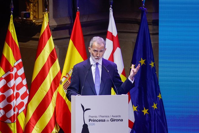 El Rey Felipe VI, durante la celebración de la solemne ceremonia de entrega de los "Premios Princesa de Girona 2026", a 14 de julio de 2026, en Barcelona (Catalunya, España). El emblemático Gran Teatro del Liceu acoge este destacado evento institucional p