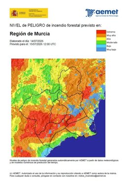 El nivel de riesgo de incendio forestal para este miércoles es muy alto y alto en toda la Región de Murcia