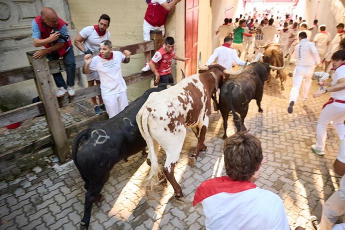 el último encierro de los Sanfermines de 2026, a 14 de julio de 2026, en Pamplona, Navarra (España). Los toros de la ganadería Jandilla clausuran las fiestas de San Fermín con su participación en el octavo encierro de las fiestas.