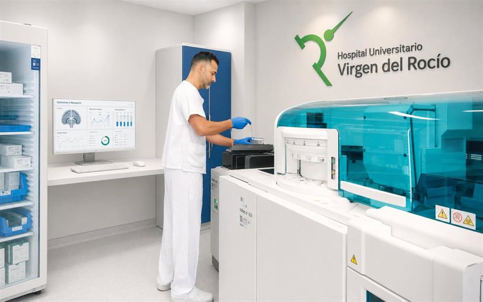Un especialista en uno de los laboratorios de análisis del Hospital Universitario Virgen del Rocio de Sevilla.