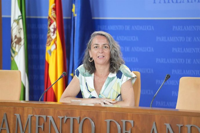 La portavoz adjunta del grupo parlamentario Adelante Andalucia, Begoña Iza, durante la ronda de ruedas de prensa de portavoces de los grupos parlamentarios en el Parlamento de Andalucía. A 15 de julio de 2026 en Sevilla (Andalucía, España). El grupo parla