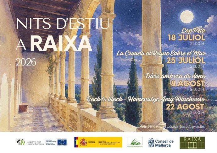 Cartel del ciclo de conciertos 'Nits d'estiu a Raixa 2026'.