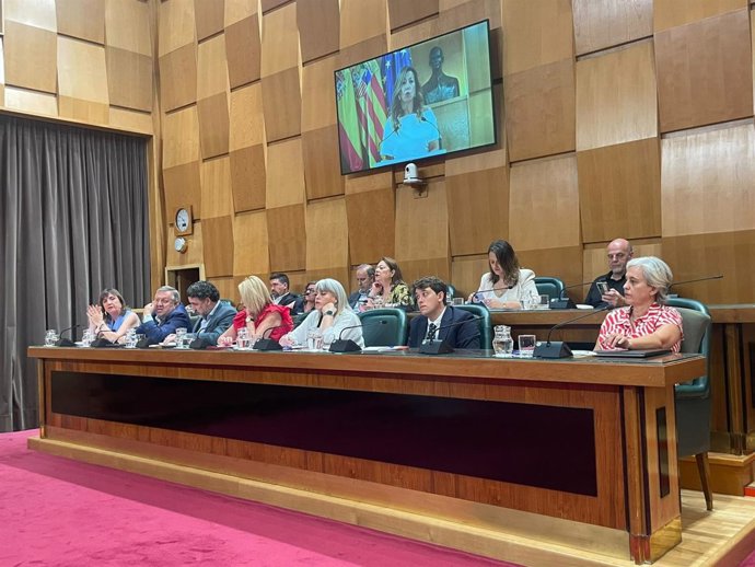 Bancada de los grupos de izquierda en el salón de plenos del Ayuntamiento de Zaragoza