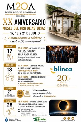 Cartel del 20 aniversario del Museo del Oro en Tineo.