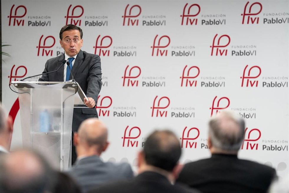 El ministro de Asuntos Exteriores de España, José Manuel Albares, durante la clausura de los Cursos de Verano de la Fundación Pablo VI, a 9 de julio de 2026, en Madrid (España). (Foto de archivo).