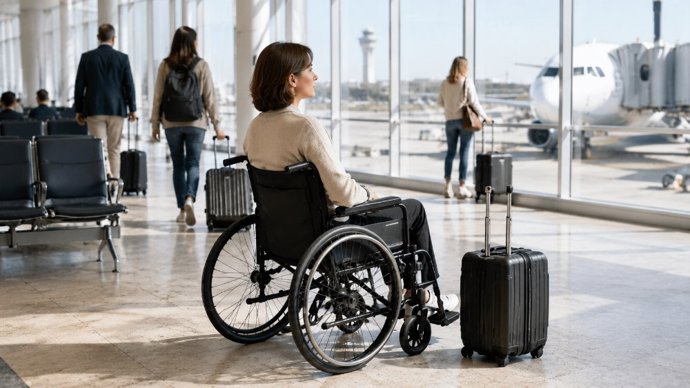 Una pasajera en silla de ruedas espera en la terminal de un aeropuerto.