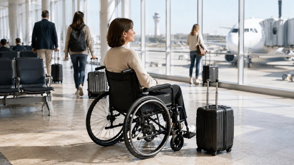 Una pasajera en silla de ruedas espera en la terminal de un aeropuerto.