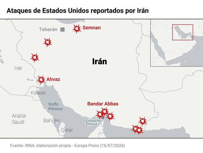 Mapa con ataques sobre Irán. El Ejército de Estados Unidos ha anunciado en la noche de este miércoles la culminación de una nueva andanada de bombardeos contra enclaves defensivos en Irán en la que se constituye como la quinta jornada consecutiva de ataqu