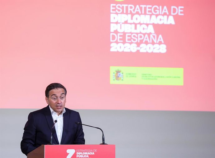 El ministro de Asuntos Exteriores, Unión Europea y Cooperación, José Manuel Albares, durante la clausura de la presentación de la nueva Estrategia de Diplomacia Pública de España 2026-2028, a 16 de julio de 2026, en Madrid (España). Esta planificación con