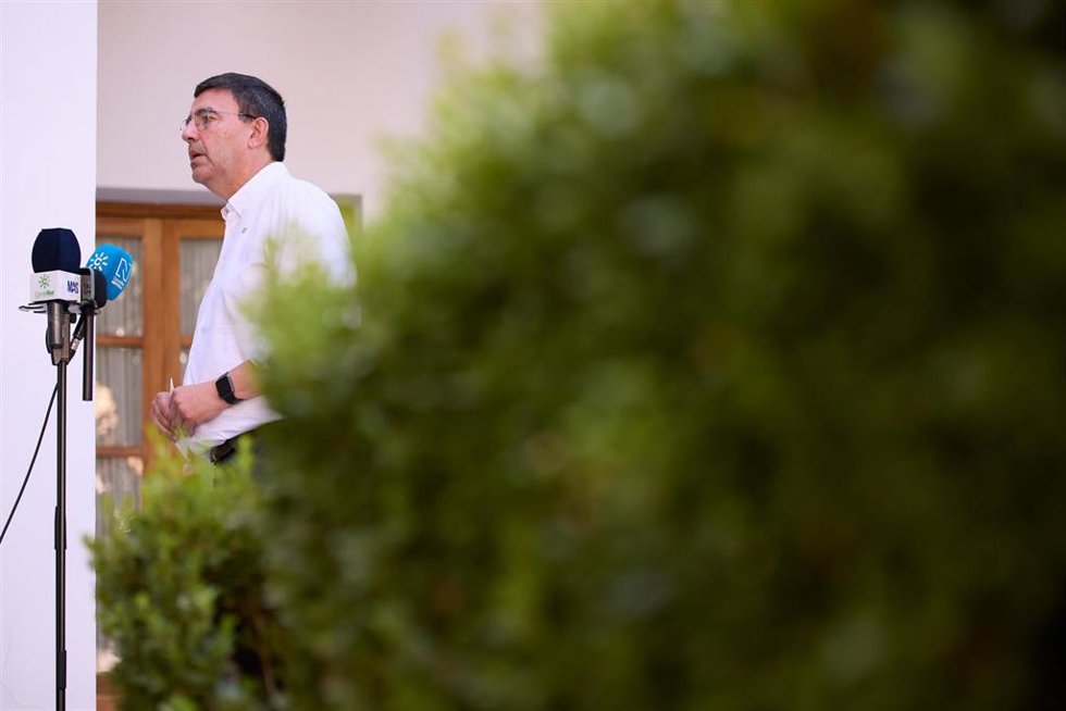El parlamentario y secretario de Desarrollo Estatutario del PSOE-A, Mario Jiménez, atiende a los medios en el Parlamento andaluz.