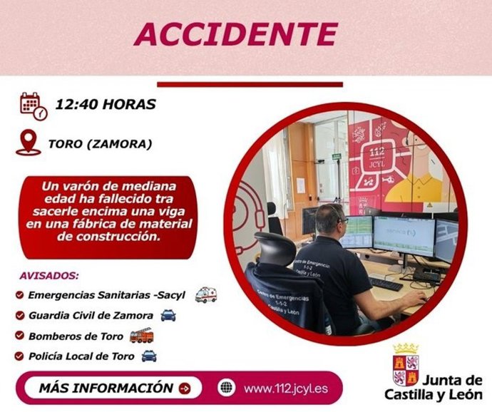 Información del 112 sobre el accidente laboral en el que ha fallecido un varón en Toro (Zamora).