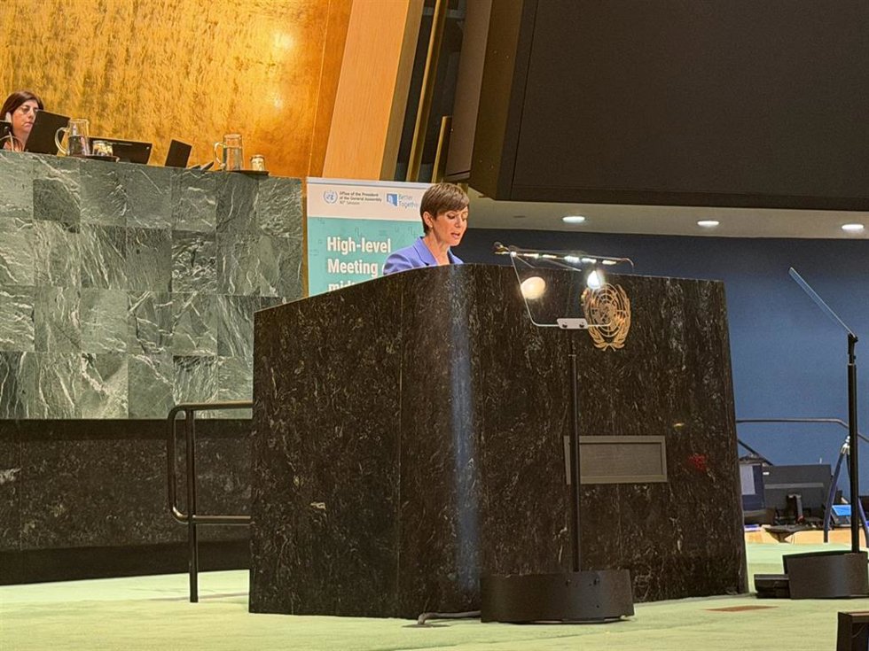 La ministra de Vivienda y Agenda Urbana, Isabel Rodríguez, en la Reunión de Alto Nivel para la Revisión en Término Medio de la Nueva Agenda Urbana, celebrada en la Asamblea de la ONU, en Nueva York.