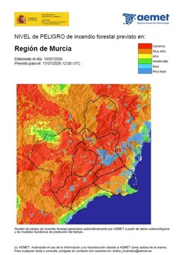 Nivel de peligro de incendio forestal previsto en la Región de Murcia para este viernes 17 de julio