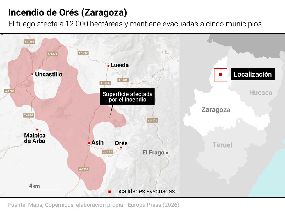 Mapa con extensión del incendio de Orés (Zaragoza). El incendio forestal de Orés, en la comarca zaragozana de Las Cinco Villas, sigue activo, el avance de esta noche ha sido significativo, con una superficie arrasada de unas 12.