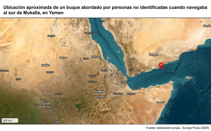 Archivo - Ubicación aproximada de un buque abordado por personas no identificadas cuando navegaba al sur de Mukalla, en Yemen