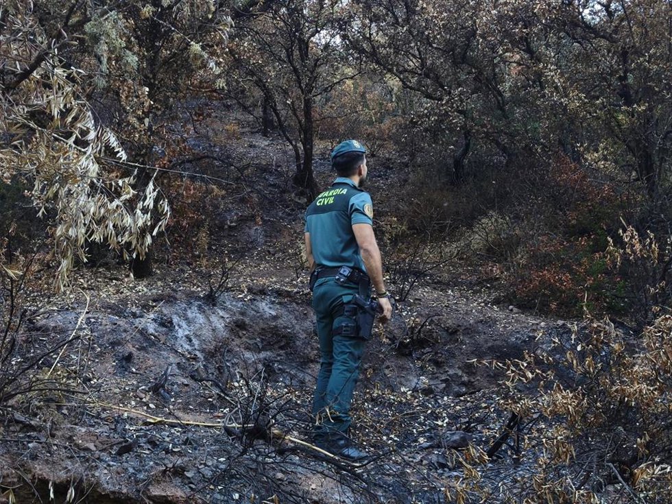 Un guardia civil en la zona del incendio.