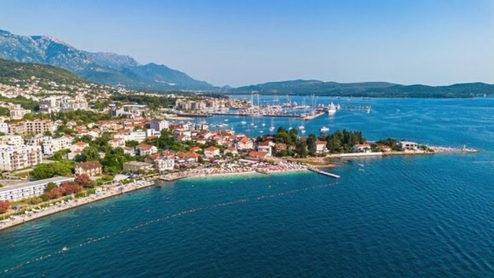 Aerial view of Porto Montenegro, a luxury marina located in Tivat in the Bay of Kotor, Montenegro.