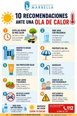Cartel de 10 recomendaciones ante una ola de calor del Ayuntamiento de Marbella.