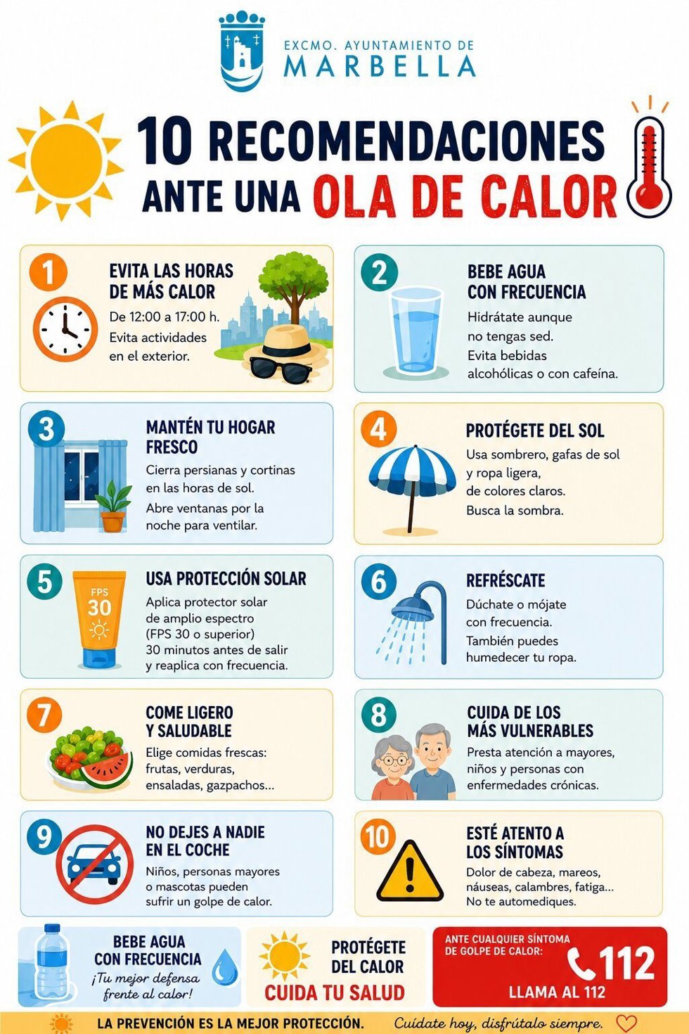 Cartel de 10 recomendaciones ante una ola de calor del Ayuntamiento de Marbella.