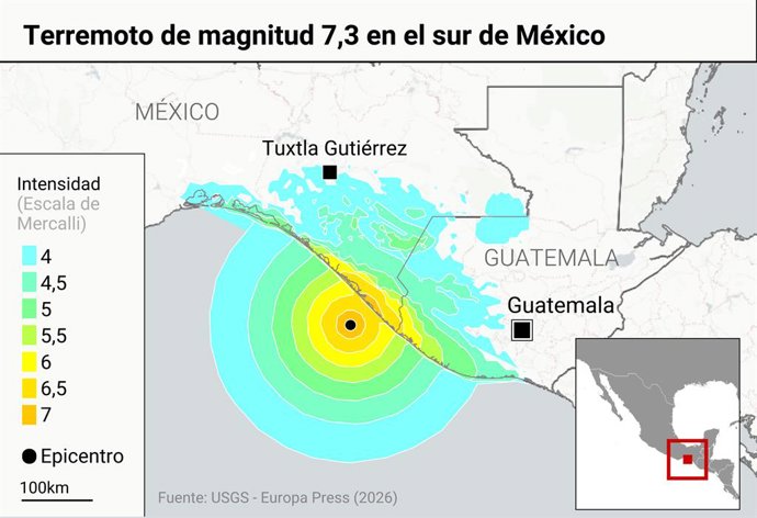 Mapa de localización del terremoto en México. El Instituto Geológico de Estados Unidos ha declarado un seísmo de magnitud preliminar 7,3 en la costa del suroeste de México con alerta de tsunami. El seísmo, registrado sobre las 16.48, hora en la España pen