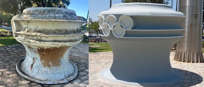 Antes y después de la restauración del pebetero de la Glorieta Olímpica, levantado para la Expo'92, junto al puente del Alamillo