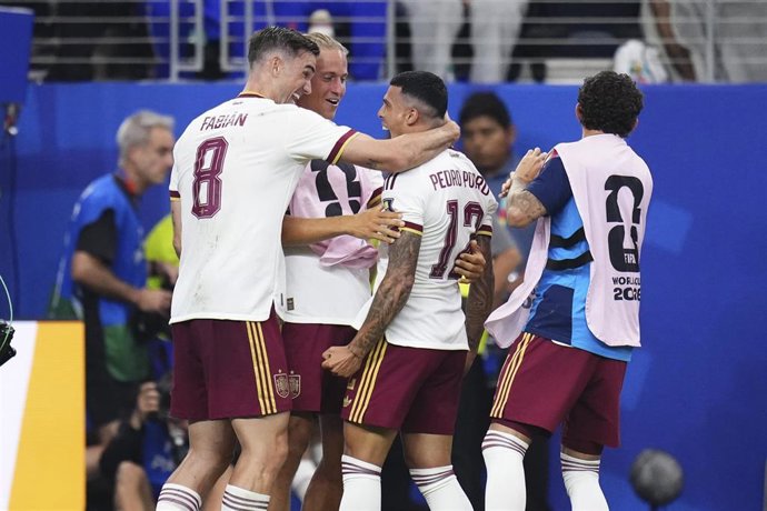 Pedro Porro of Spain celebrates after scoring his team's second goal with teammates during the FIFA World Cup 2026 Semi Final match between France and Spain at Dallas Stadium on July 14, 2026 in Arlington, Texas.