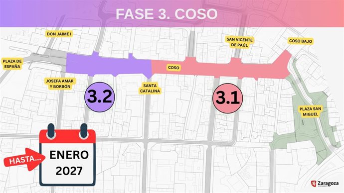 Comienza una nueva fase de la reforma integral del Coso, entre las calles Santa Catalina y Josefa Amar y Brbón.