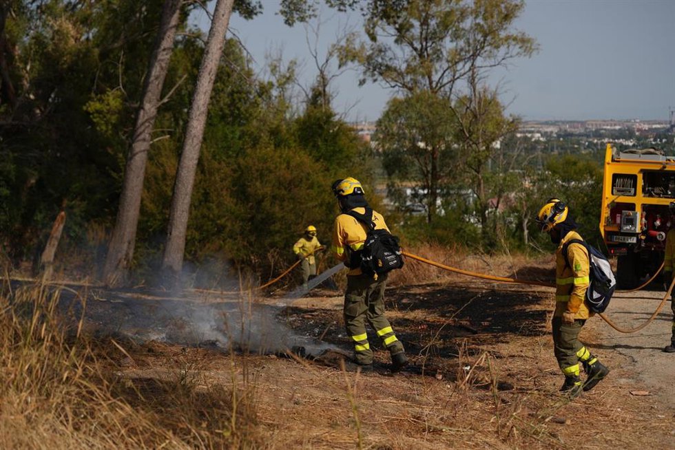 Efectivos del Infoca trabajan en la extinción de un incendio declarado en Camas (Sevilla).
