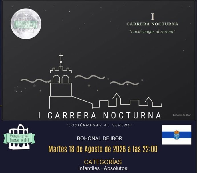Cartel de la I Carrera Nocturna 'Luciérnagas al Sereno' que se celebra en Bohonal de Ibor el 18 de agosto de 2026.