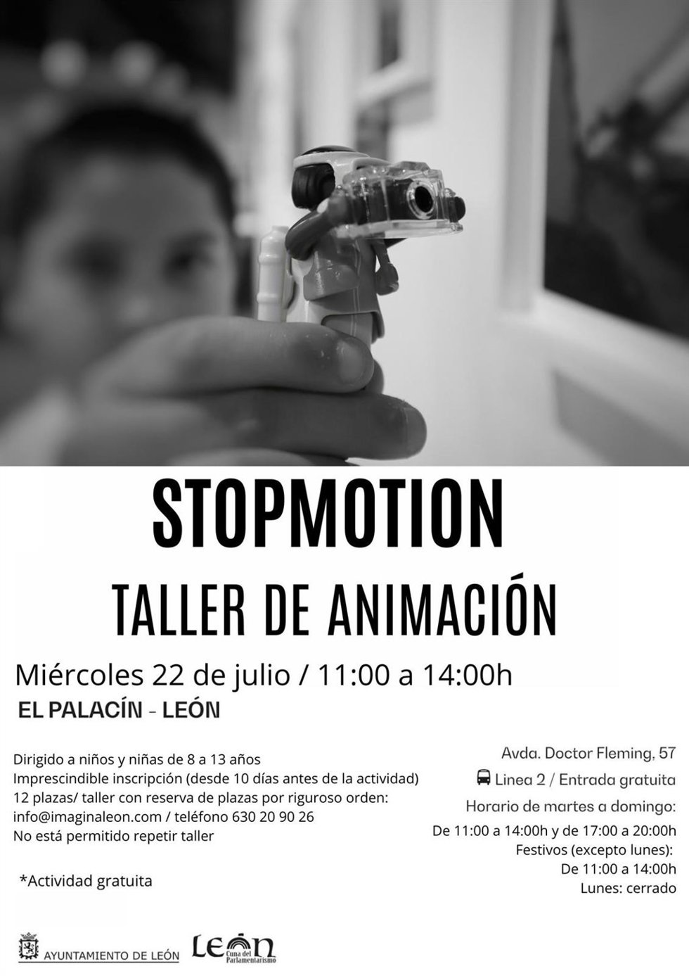 Cartel del taller 'Stopmotion. Taller de animación', que tendrá lugar el miércoles 22 de julio en el Palacín de León