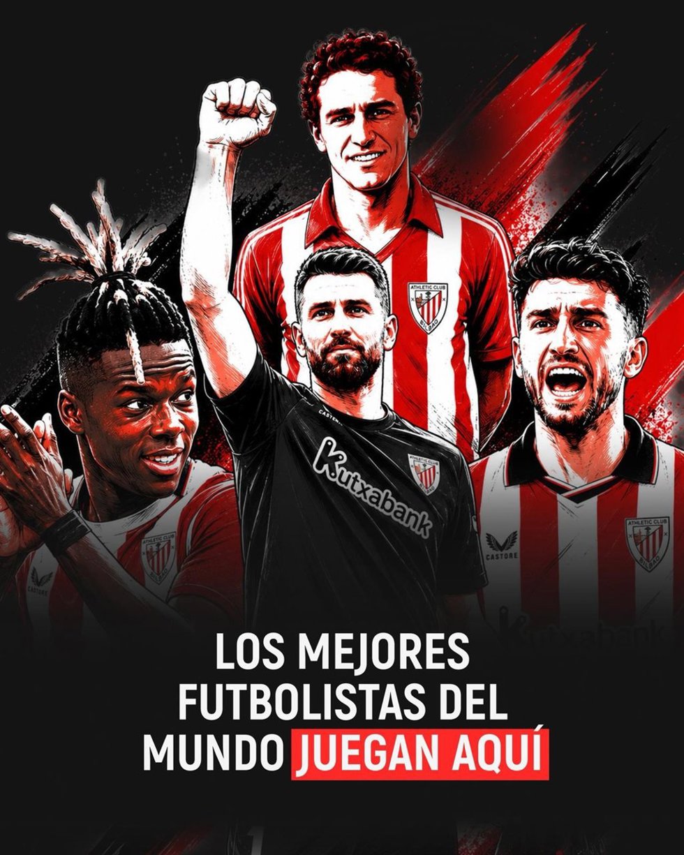 Imagen del Athletic Club para felicitar a Unai Simon, Nico Williams y Aymeric Laporte que sean campeones del mundo