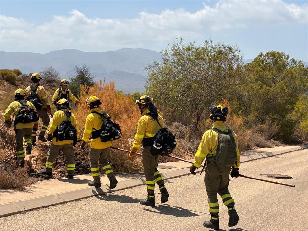 Efectivos del Plan Infoca durante las labores de remate y liquidación en una zona afectada por el incendio forestal de Los Gallardos (Almería).