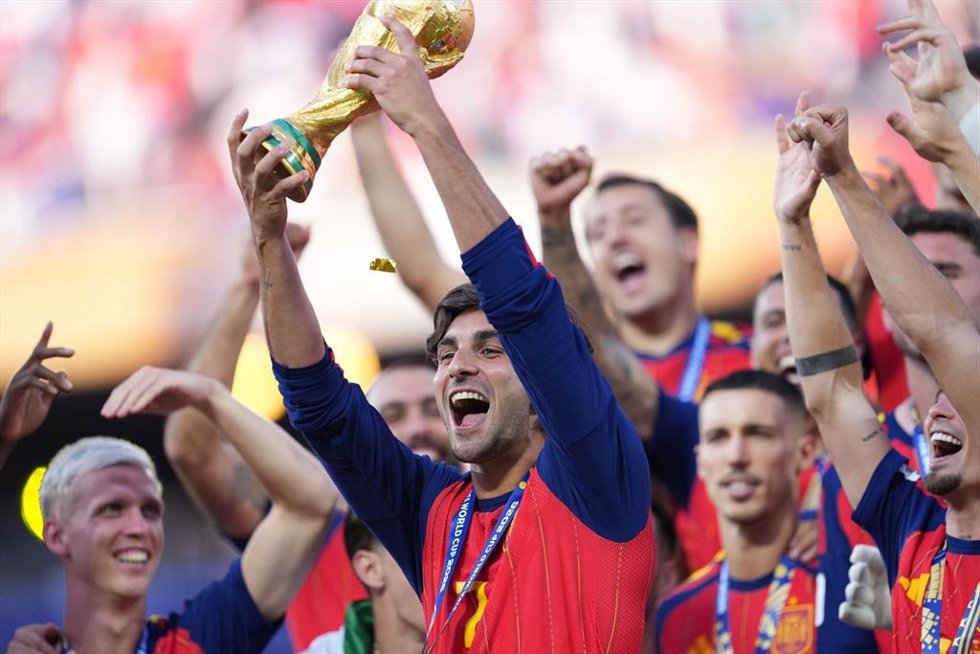 Ferran Torres of Spain celebrates with the trophy after winning the 2026 FIFA World Cup during the FIFA World Cup 2026