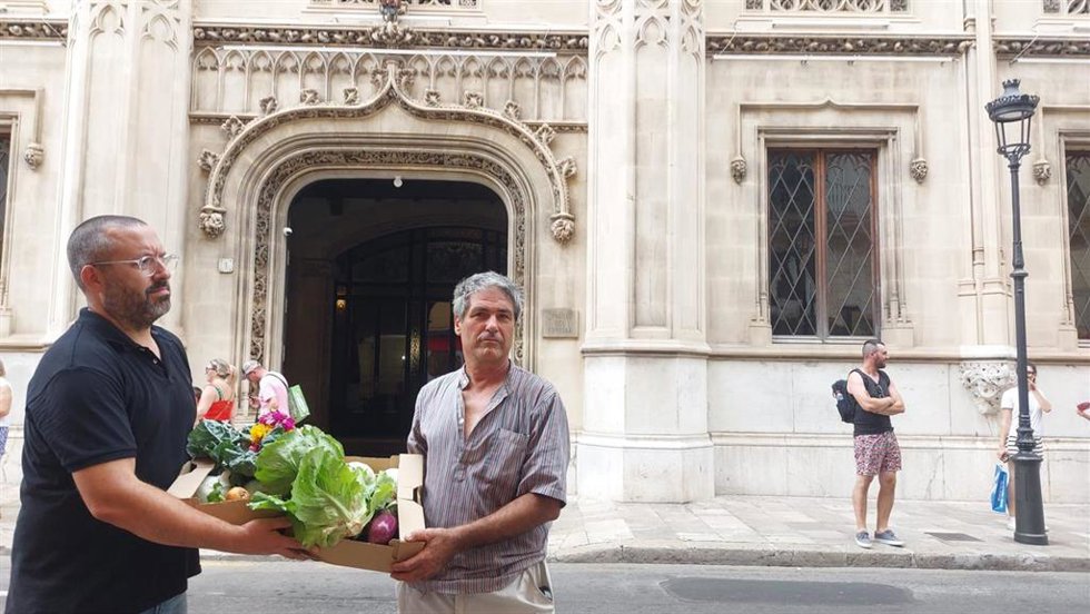 Representantes de Unió de Pagesos de Mallorca frente al Consell de Mallorca con una caja frutas y verduras.