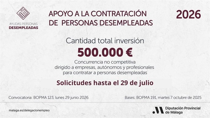 Anuncio de la ampliación del plazo de convocatoria de las líneas de ayuda para la contratación de personas desempleadas por parte de la Diputación de Málaga.