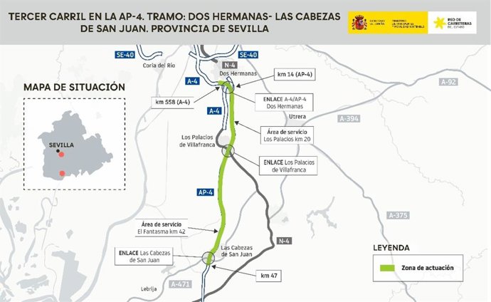 Plano relativo al documento técnico del tercer carril de la AP-4 entre Dos Hermanas y Las Cabezas, aprobado de forma inicial por el Gobierno