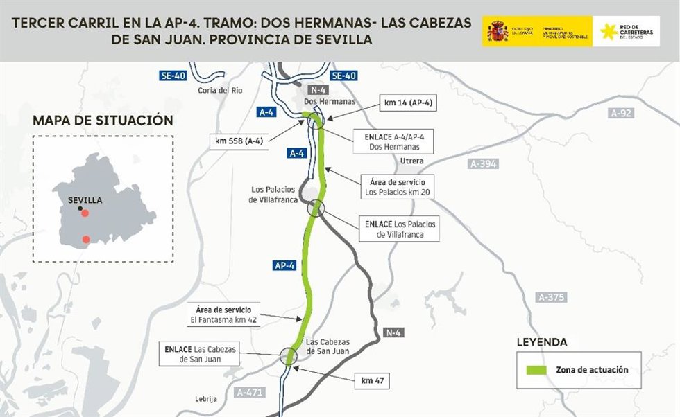 Plano relativo al documento técnico del tercer carril de la AP-4 entre Dos Hermanas y Las Cabezas, aprobado de forma inicial por el Gobierno