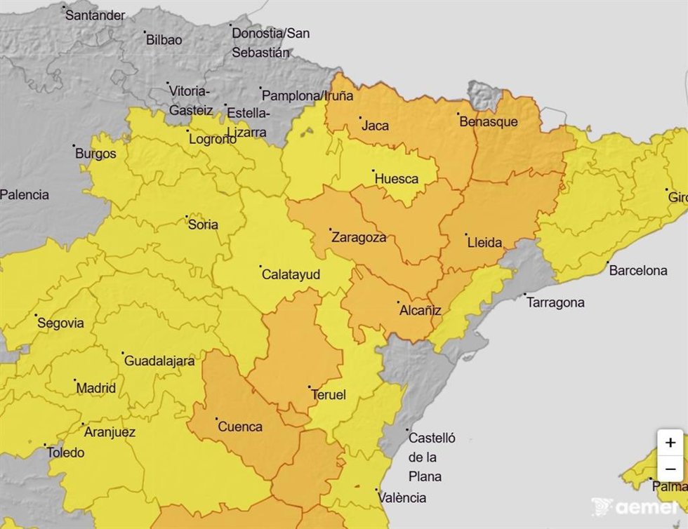 Mapa de parte del país con los avisos por calor para este martes.