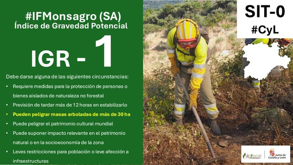 Declaración de IGR 1 en un incendio en Monsagro (Salamanca).
