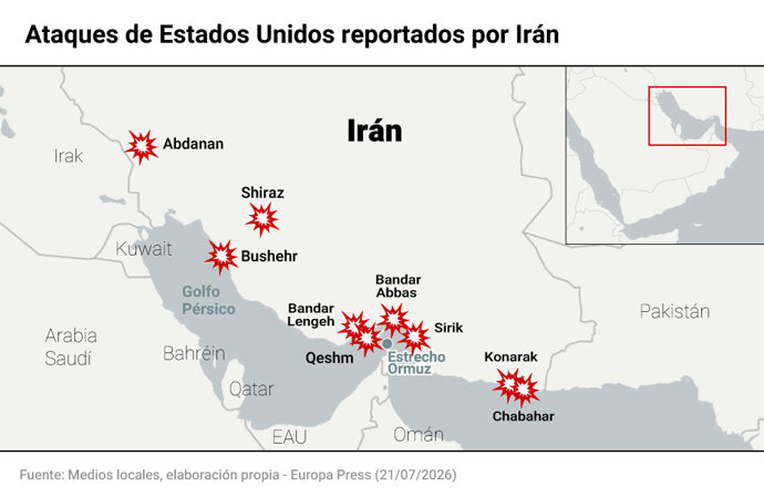 Mapa con ataques sobre Irán