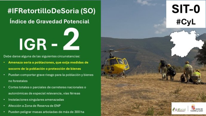 Incendio en Retortillo de Soria, que entra en la provincia desde La Mierla (Guadalajara), en IGR 2.