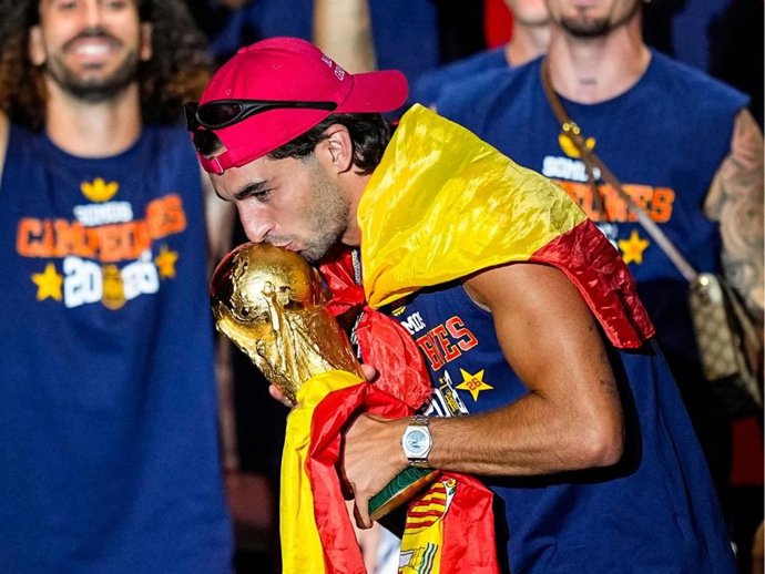 Ferran Torres celebrates on stage during celebration of Spain as Champions of the FIFA World Cup 2026 at Cibeles Palace on July 20, 2026 in Madrid, Spain