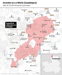 Mapa con extensión del incendio en La Mierla (Guadalajara). El incendio declarado la pasada semana en el término municipal de La Mierla (Guadalajara) ha frenado su avance a Soria, tal y como ha indicado el presidente regional, Emiliano García-Page, quien 