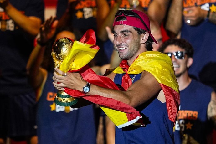 Ferran Torres celebrates on stage during celebration of Spain as Champions of the FIFA World Cup 2026 at Cibeles Palace on July 20, 2026 in Madrid, Spain.