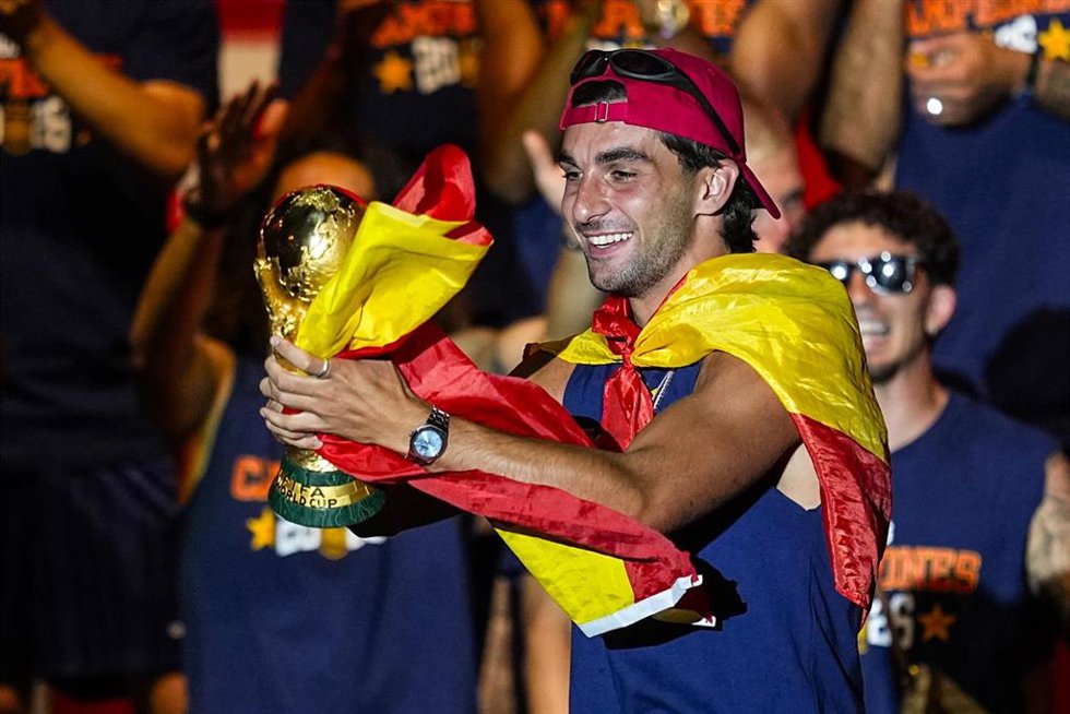 Ferran Torres celebrates on stage during celebration of Spain as Champions of the FIFA World Cup 2026 at Cibeles Palace on July 20, 2026 in Madrid, Spain.