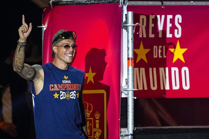 Pedro Porro gestures during celebration of Spain as Champions of the FIFA World Cup 2026 at Cibeles Palace on July 20, 2026 in Madrid, Spain.