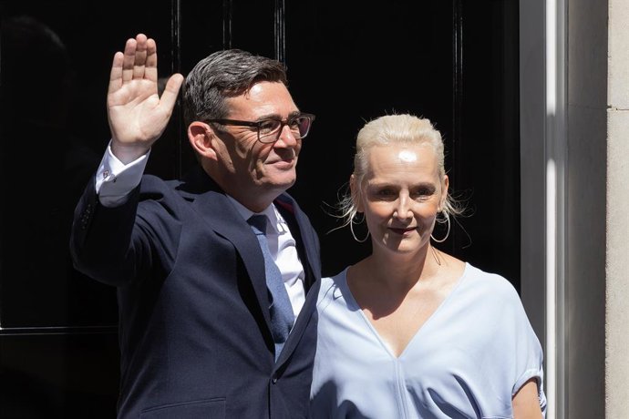 July 20, 2026, London, United Kingdom: Prime Minister Andy Burnham and his wife Marie France Van Heel seen outside the door of Number 10 in Downing Street, London. As the new Labour leader and leader of the party in government, Burnham was invited by King