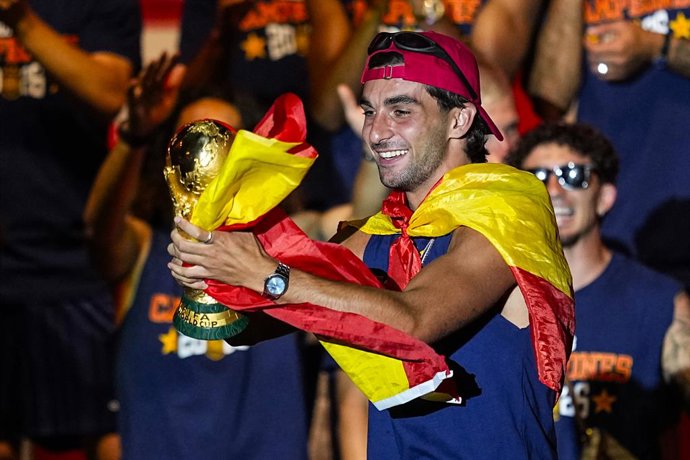Ferran Torres celebrates on stage during celebration of Spain as Champions of the FIFA World Cup 2026 at Cibeles Palace on July 20, 2026 in Madrid, Spain.