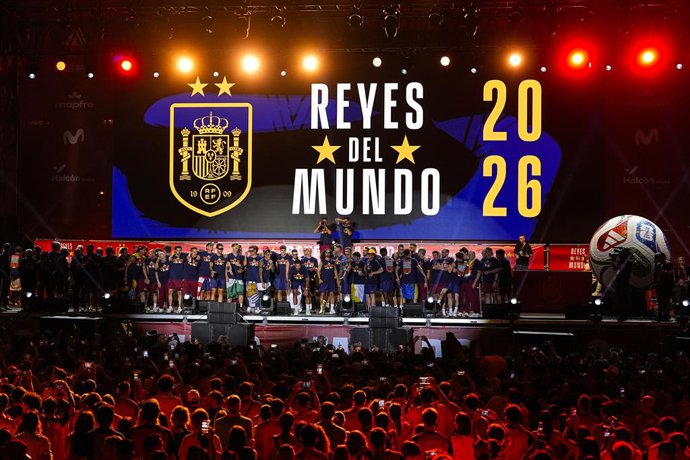 Players of Spain Team celebrate during celebration of Spain as Champions of the FIFA World Cup 2026 at Cibeles Palace on July 20, 2026 in Madrid, Spain.