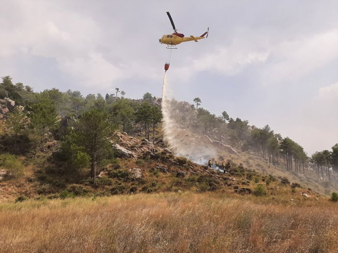 El helicóptero, la brigada forestal y el técnico de extinción del Plan Infomur en el incendio forestal declarado en Ejulve (Teruel)
